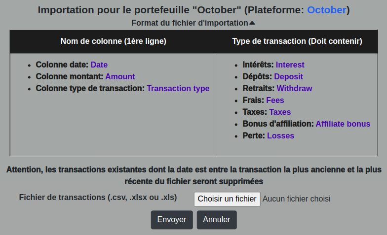 Formulaire d'importation de transactions